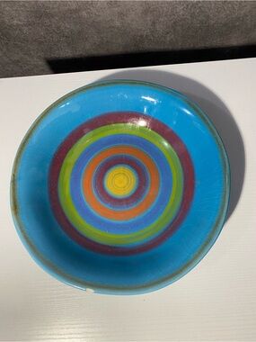 Italian Ceramic Bowl Sara Hand Painted Rainbow Swirl Blue Crazing Chip 9.5 In